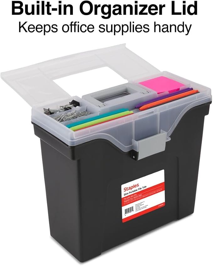 STAPLES Slim Portable File Tote, Letter Size, Black, 2/Pack | Lightweight storage tote for transporting and organizing hanging files.