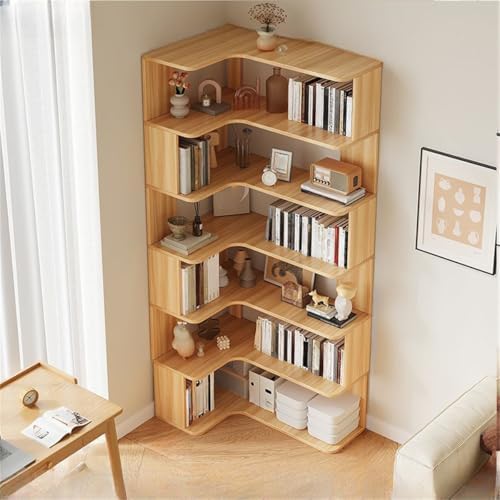 Vertical L-Shape Storage with Open Back 6 Shelves Corner Bookshelf Wood Floor Rack Student Integrated Wall Bookcase Corner Cabinet Multi-layer Storage Cabinet Light Walnut 24"L x 35"W x 75"H