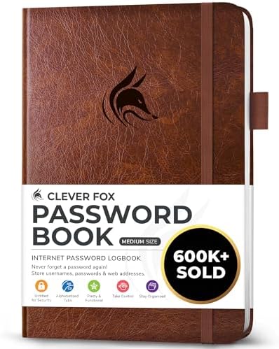 Clever Fox Password Book with Alphabetical Tabs, 5.3"x7.7" Keeper Brown