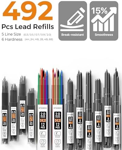 STAGEEK 37PCS Mechanical Pencil Set with Case, 0.3, 0.5, 0.7, 0.9 ＆2PCS 2mm | Drawing Pencils with 492PCS Lead Refills (6B 4B 2B HB 2H 4H Color), Erasers, Sharpeners, Artist Pencil for Sketching Drafting