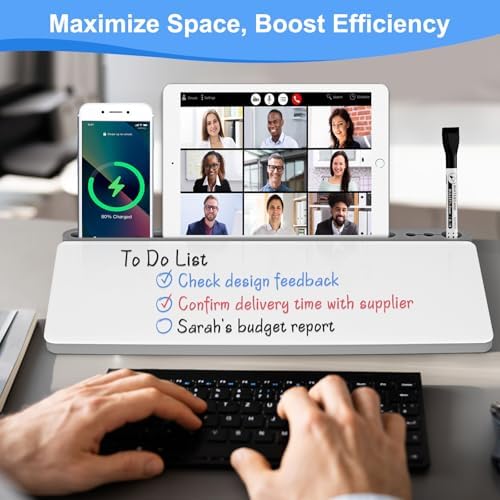 Desktop Glass Whiteboard with Storage, Desk Dry Erase White Board Gray