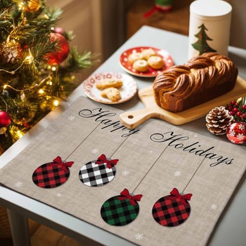 Christmas Theme Placemats Set of 4, Farmhouse Rustic Ornaments Plaid Balls Cotton Line Stain Resistant Table Mats Washable Holidays Placemat Decoration For Kitchen Dining Table Happy Holidays