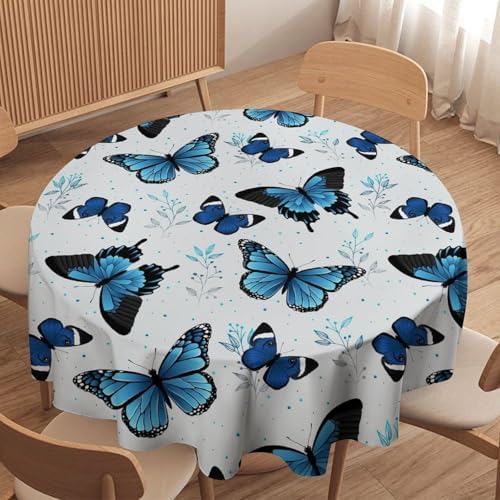 Blue Flying Butterfly Tablecloth, Vintage Celestial Butterfly Herbs Leaves Flower Print Table Cloth for Farmhouse Kitchen Party Picnic Dinner Decor, 36x36in