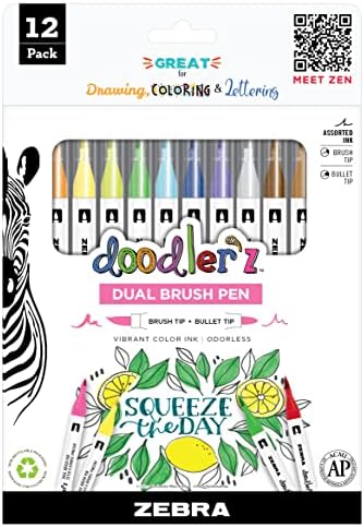 Zebra Pen doodler'z Brush Pen, Assorted, Dual Tip, Brush & Fine Tip, 12-Pk