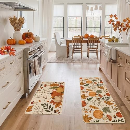 Baccessor Fall Kitchen Rugs Set of 2, Pumpkin Mushroom Kitchen Mats for Floor Washable Low-Profile Farmhouse Autumn Holiday Home Indoor Outdoor Decor 17x29 and 17x47 Inch