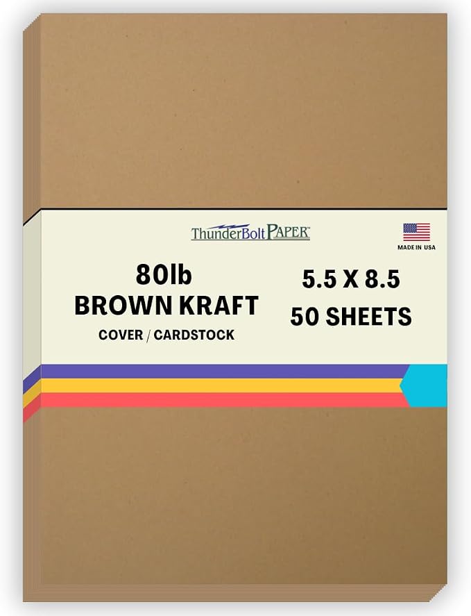50 Brown Kraft Fiber 80# Cover Paper Sheets - 5.5 X 8.5 Inches Half Letter | Statement Size - Rich Earthy Color with Natural Fibers - 80lb/Pound Cardstock - Smooth Finish