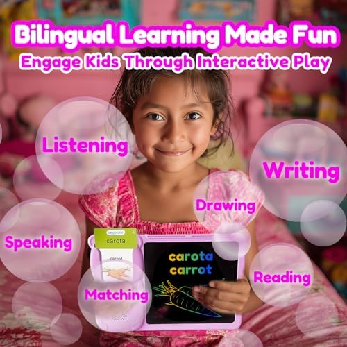 Writing Tablet with Bilingual Flash Cards for Kids, Italian Pink