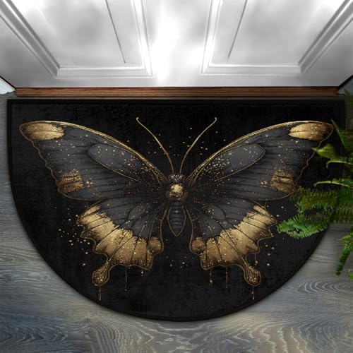 Black and Gold Butterfly Half Round Door Mat Non Slip Washable Semi Circle Area Rug Absorbent Soft Half Moon Rug Floor Mat for Indoor Outdoor Kitchen Bathroom Patio Front Door Mat Decor