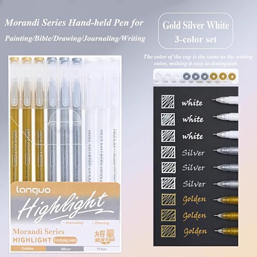 9 Colored Gel Pens Set, 0.6mm Fine Point for Black Paper & White Paper, Pens for Journaling, Adult Coloring Books, Bible, Drawing, Note Taking, Art & Journaling Supplies (White-Gold-Silver)