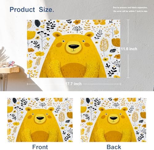 Batmerry Cute The Bear in Mineral Yellow Linen Placemats Set of 4, Floral Background Washable Table Mats for Kitchen Table Thickened Heat Insulation Dining Set Indoor Outdoor 12X18 in