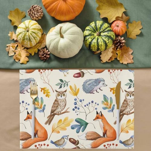 Fall Placemats for Dining Table Set of 6, Autumn Animal Place Mats Owl Bird Fox Leaves Thanksgiving Placemat Washable Harvest Autumn Table Mats for Kitchen Table Holiday Dinner Party Home Decor