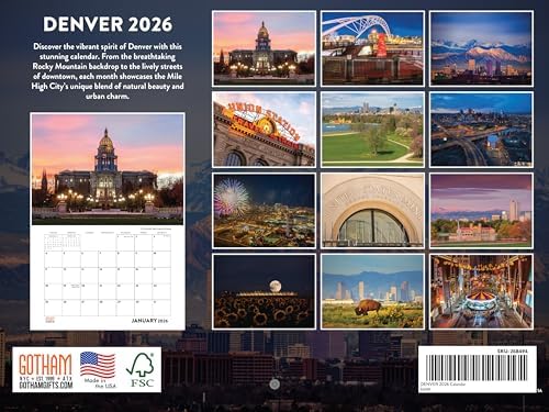 Denver Calendar 2026 Wall 12 Month Monthly CO Scenic Colorado Souvenirs Coloradan Themed Gifts | American Made In The USA