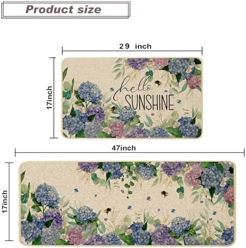 Baccessor Hydrangea Kitchen Mats Set of 2, Spring Summer Floral Bee Kitchen Rugs for Floor Non Slip Absorbent Low-Profile Seasonal Farmhouse Home Decor 17x29 and 17x47 Inch
