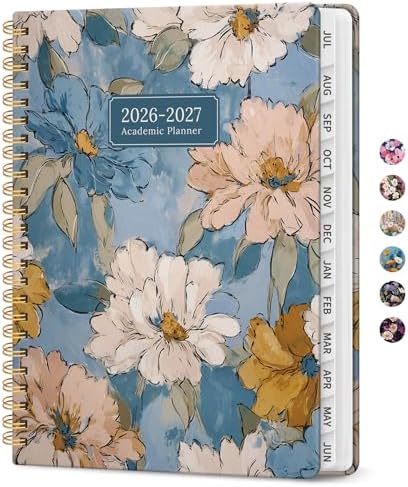 Planner 2026-2027, Monthly & Weekly Jul 2026-Jun 2027 Calendar Book | 6.3" x 8.5", Hardcover Spiral Planner with Tabs, School & Daily Pretty Agenda for Women, Students, Teachers, Soft Florals