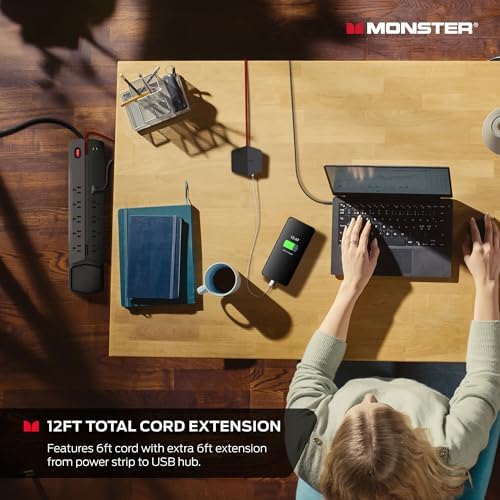 Monster Power Center Vertex XL Surge Protector With Detachable Power Strip, 10 AC Outlets, 2 USB-A Ports & 1 USB-C Port (20W)
