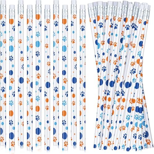 Tenceur 100 Pcs Blue Paw Dog Print Pencils Bulk Wooden Writing Novelty Pencils with Erasers Blue and Orange Dog Paw for Classroom Doggy Party Favors Welcome Back to School Party Supplies