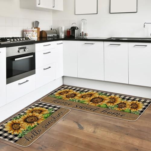 JarThenaAMCS Summer Kitchen Mats Set of 2, Sunflower Plaids Kitchen Floor Mat Non-Slip Decorative Bathroom Rugs for Indoor Outdoor Home Office Decor, 17 x 29 Inch & 17 x 47 Inch