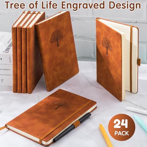 Qeeenar 24 Pack Leather Journals Bulk A5 Hardcover Notebooks, Brown