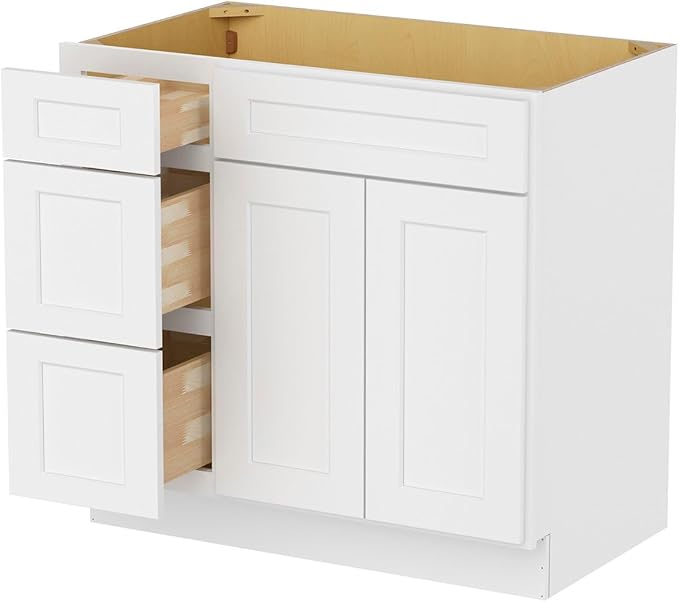 Furinno Shaker Left 3-Drawers Bath Vanity Cabinet, 2-Door, White | 21 D x 36 W x 34.5 H, Adjustable Hinges, Soft-Close Shaker-Style Door, Ready to Assemble, Plywood, for Bathroom, Washroom
