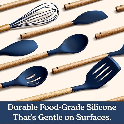 Country Kitchen Non Stick Silicone Utensil Set with Rounded Wood Handles for Cooking and Baking, 8 Piece Set, Navy