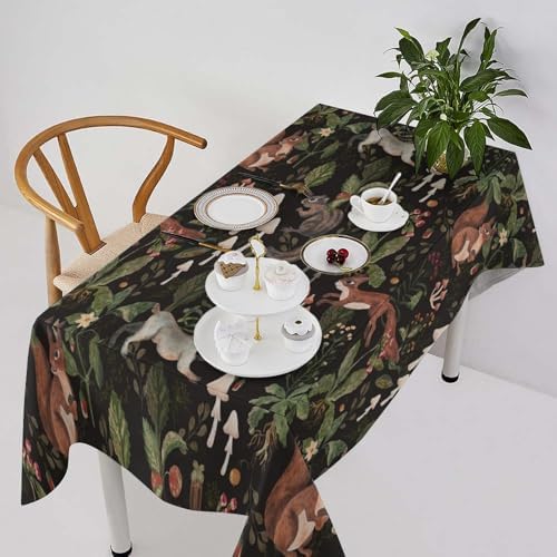 Cartoon Woodland Tablecloth, Watercolor Rustic Forest Wild Animals Bunny Rabbit Squirrel Mushroom Plants Print Table Cloth for Indoor Outdoor Dining Table Party Picnic Decor 55x75in