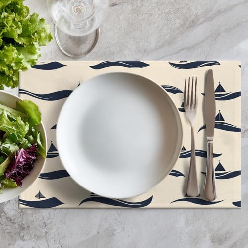 Batmerry Maritime Ocean Linen Placemats Set of 8, Nautical Sailing Washable Table Mats for Kitchen Table Thickened Heat Insulation Dining Set Indoor Outdoor 12X18 in
