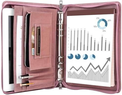 KISSKI A5 Planner Binder Padfolio for Women, Small 6 Ring Resume Folders for Interview, Vegan Leather Portfolio Organizer Folio with Zipper and 1pc A5 Notepad, Business Card/Pen Holder, Gifts, Pink