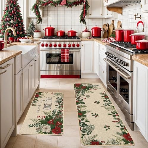 Baccessor Christmas Kitchen Rugs Set of 2, Poinsettia Holly Berry Leaves Kitchen Mats for Floor Hallway Laundry Sink Low-Profile Winter Holiday Home Decor 17x29 and 17x47 Inch