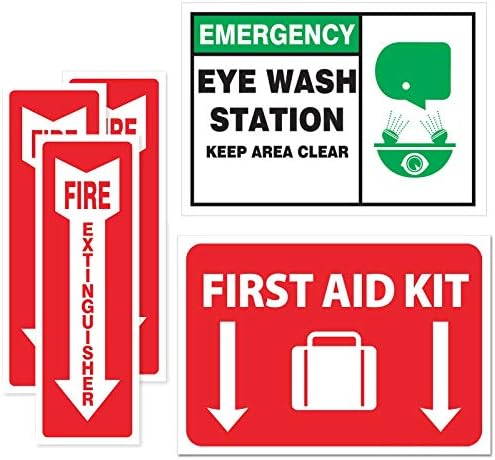 Emergency Safety Sticker Sign | FULL SET | Fire Extinguisher Arrow | Eye Wash Station | First Aid | OSHA Requirement (5-pack)
