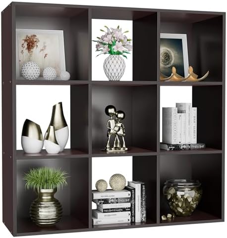 9 Cube Storage Shelf Organizer, Wood Bookshelf Organization Unit, Cube Shelves for Home Office Bedroom Living Room, Brown