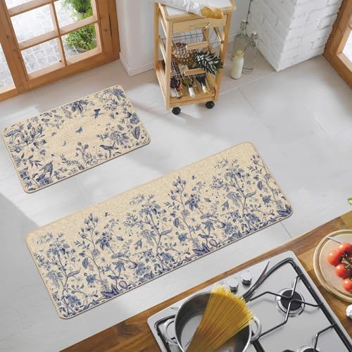 Baccessor Blue Floral Kitchen Mats Set of 2,Summer Kitchen Rugs for Floor Monochrome Sketch Non Slip Low-Profile Seasonal Summer Home Decor 17x29 and 17x47 Inch