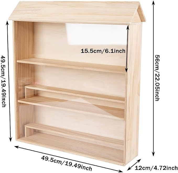Wooden Figurine Display Case,House-Shaped Cabinet with 2 Movable Shelves | 3-Tier,Dust-Proof Acrylic Door for Collectibles Toys Figures Souvenirs (19.49x4.72x22.05 inches)