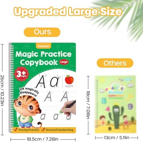 D-FantiX Large Magic Grooved Practice Copybook 5 Pack with Pens & Magic Grooved Writing Practice for Kids Age 3-5