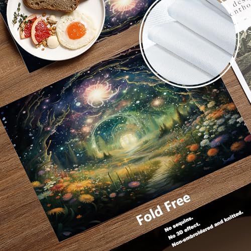Batmerry Magical Forest Path Glowing Lights Linen Placemats Set of 8, A Mystical Forest At Night Washable Table Mats for Kitchen Table Thickened Heat Insulation Dining Set Indoor Outdoor 12X18 in