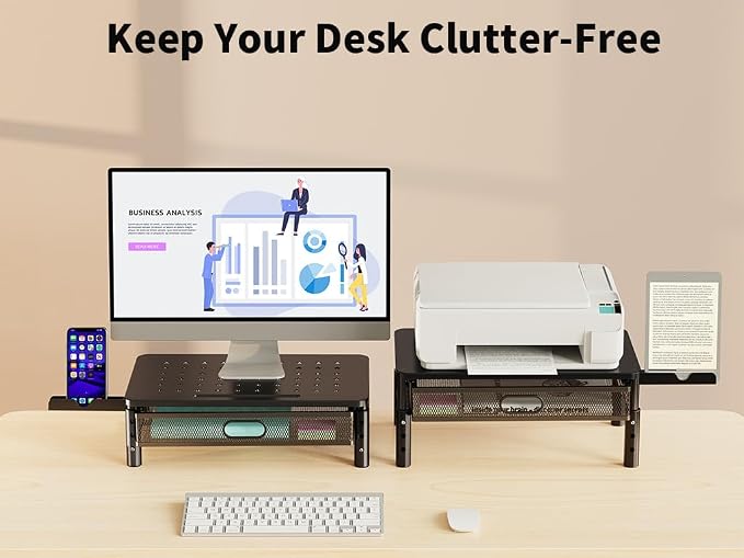 Zimilar Monitor Stand Riser with Metal Mesh Drawer, Height Adjustable | Monitor Riser with Phone Holder for Computer, Laptop, Printer, Notebook, Metal Computer Monitor Stand with Storage