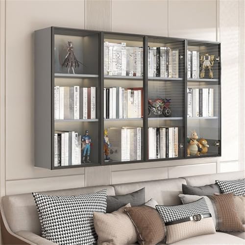 Wall Hanging Lateral Filing/Vertical Timber Wall Unit Transparent Glass Door Shelf Wall-Mounted Wood Bookcase Action Figure Model Storage Cabinet Display Case Grey 63" L x 10" W x 38" H