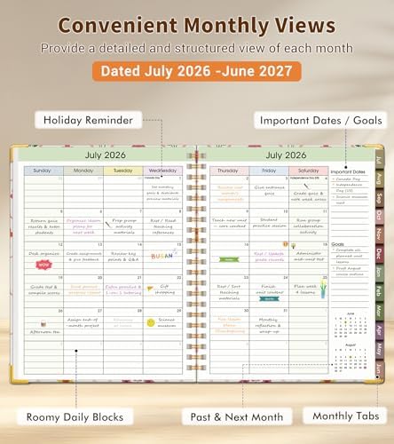 Teacher Planner 2026-2027, July 2026 - June 2027, Academic Weekly & Monthly Calendar Planner with Tabs, 8.5" x 11" A4 Teacher Lesson Plan Book with 7 Periods, Daily Agenda School Organizer for Teacher Student Homeschool, Bowknot Flowers