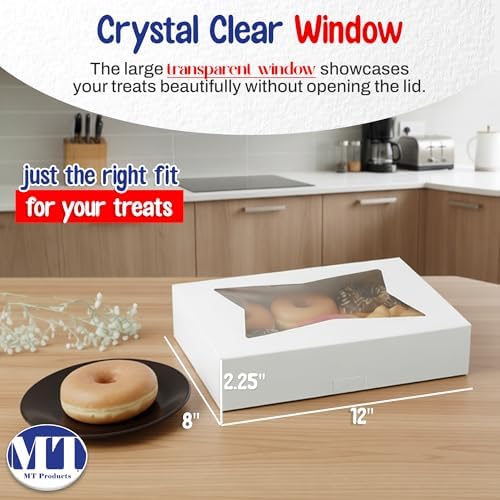 MT Products White Chocolate Covered Strawberry Boxes 12" x 8" x 2.25" - Auto Pop-Up Bakery Boxes with Window (Pack of 15)- Made in USA