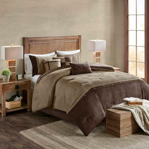 Madison Park Faux Suede King Comforter Set with Bed Skirt, Brown 7pc