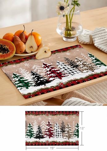 Christmas Tree Placemats Set of 4, Cotton Linen Vintage Wood Grain Table Mats Non-Slip Washable Different Xmas Trees Red Black Buffalo Plaid Placemat for Xmas Dining Kitchen Table Decor