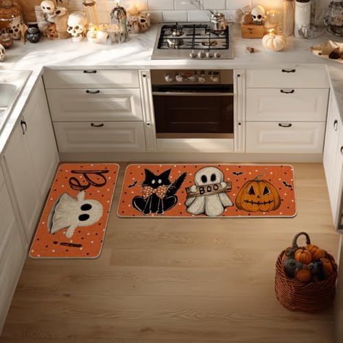 Artoid Mode Ghost Boo Orange Halloween Kitchen Mats Set of 2-17x29+17x47