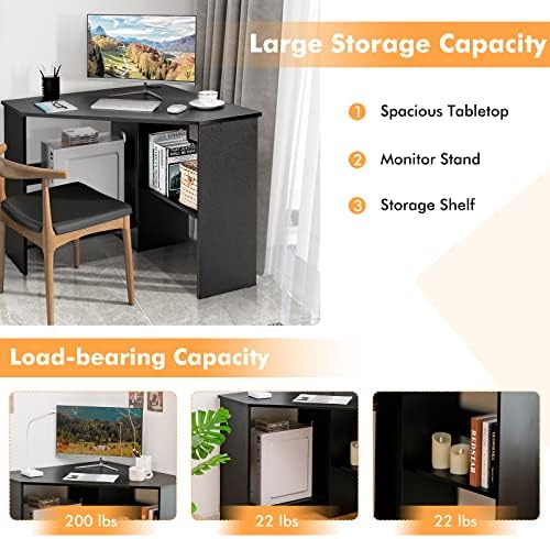 COSTWAY Corner Computer Desk, Space-Saving Triangular Writing Desk w/ 2 Storage Shelves & 2 Cable Holes, Multi-Functional Console Table for Small Space in Home Office, Living Room, Bedroom (Black)