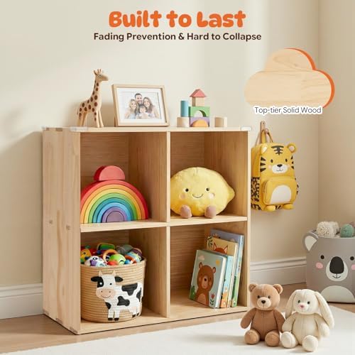 4 Cube Storage Organizer - Solid Wood Bookshelf - Cube Shelf - Vertical or Horizontal Bookcase - Open Book Shelf - Easy Assembly for Bedroom, Living Room, Office