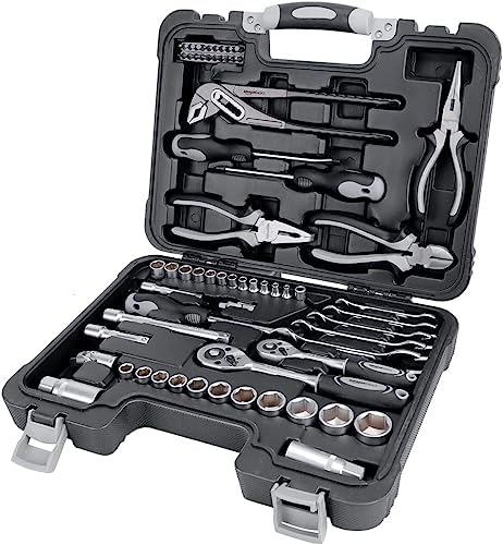 Amazon Basics 65-Piece General Household Home Repair and Mechanic's Hand Tool Kit Set with Storage Case, Portable, Non-Slip Handles, Black