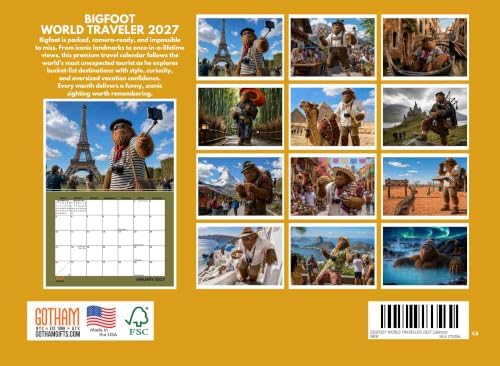 Bigfoot World Traveler Calendar 2027 Monthly Wall Calender 12 Month | American Made In The USA