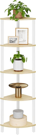 VIMBER Corner Shelf, 5-Tier Corner Bookshelf, Industrial Corner Ladder Shelf, Rustic Display Shelf for Living Room, Bedroom, Kitchen, Home Office, White and Nature Wood Color UJSJ001Q