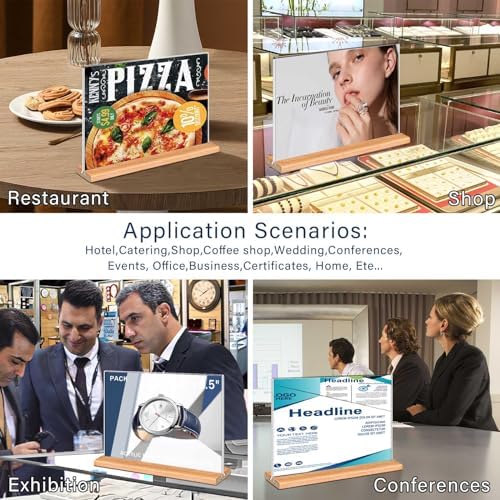 Kersally Acrylic Sign Holder 6 x 4, 3 Pack Double-Sided Clear Table Display Stands with Wood Base,Horizontal Acrylic Frame Menu Flyer Paper Holder for Store, Restaurant, Hotel, Office, Show Fair