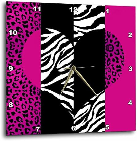 3dRose DPP_35437_2 Pink Black and White Animal Print Leopard and Zebra Heart Wall Clock, 13 by 13-Inch