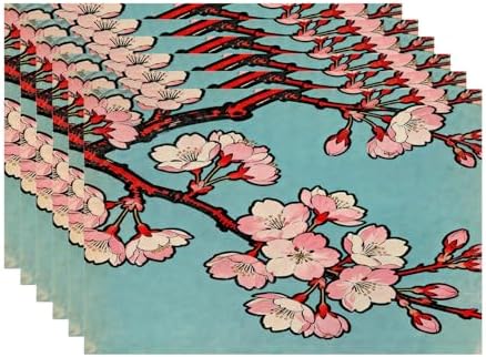 Batmerry Shabby Chic Cherry Blossom Linen Placemats Set of 6, Pink Floral Turquoise Background Washable Table Mats for Kitchen Table Thickened Heat Insulation Dining Set Indoor Outdoor 12X18 in
