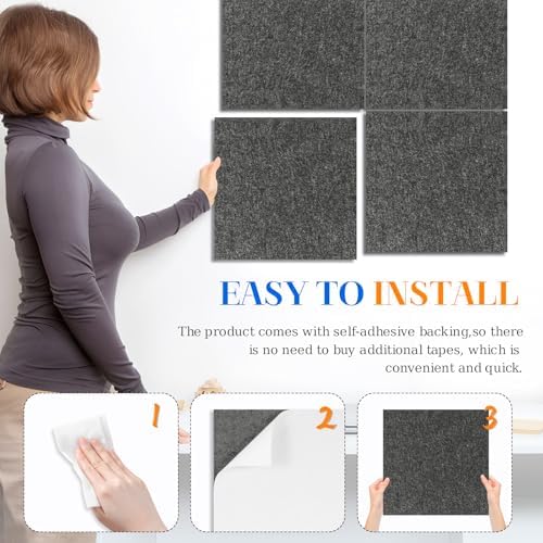 DOLLAR BOSS Felt Cork Board Tiles, 4 Packs 12" x 12" 1/2" Thick Cork Bulletin Board Self Adhesive Acoustic Panels Soundproof Corkboards for Walls with 40 Pushpins for Home Office Kitchen School, Grey